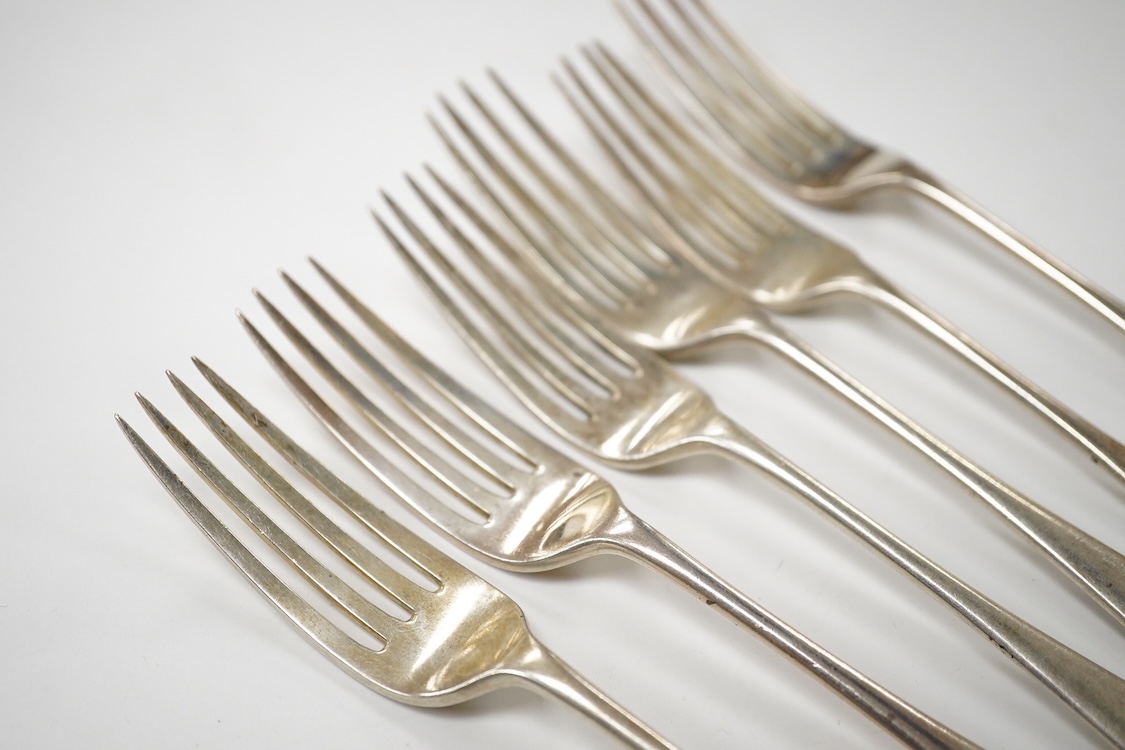 A set of six late Victorian silver Hanoverian pattern dessert forks, Daniel & John Welby, London, 1895, 17.3cm, 9.2oz.